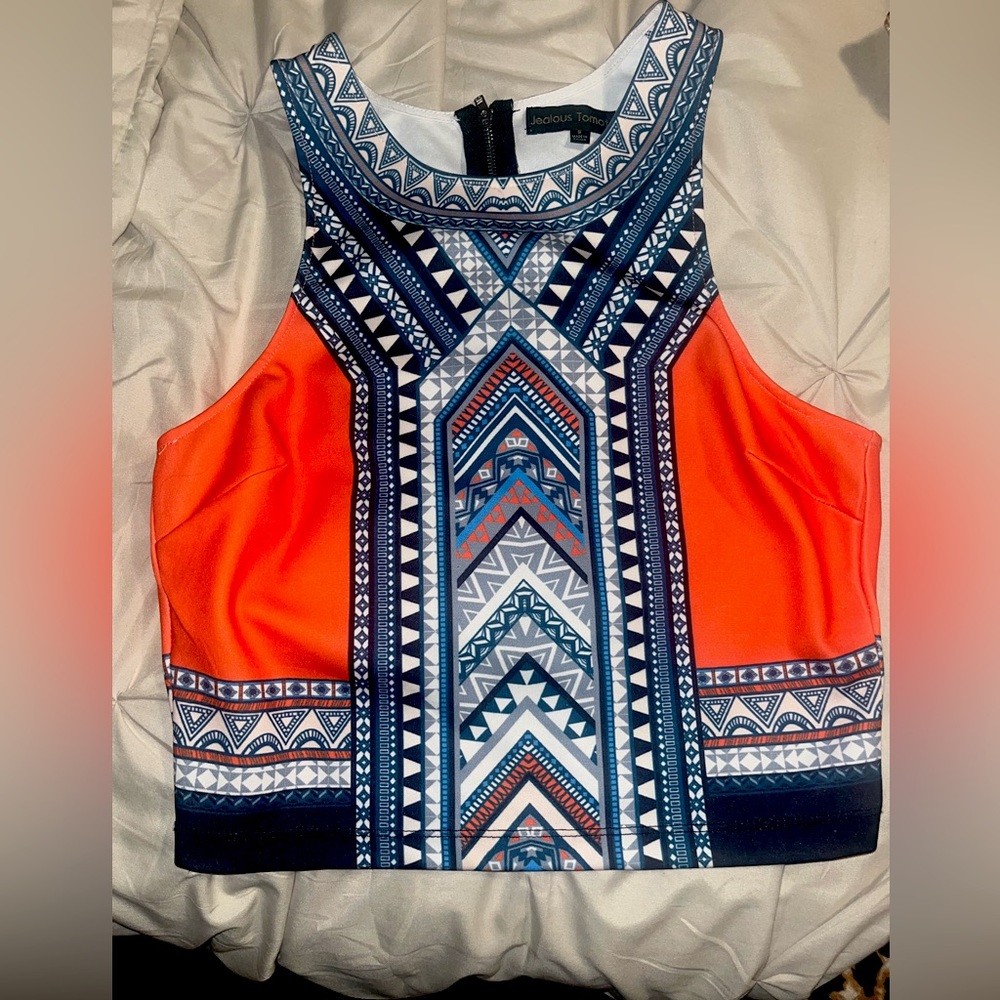 Woman’s high neck line fitted deigned cropped top with zipper up back